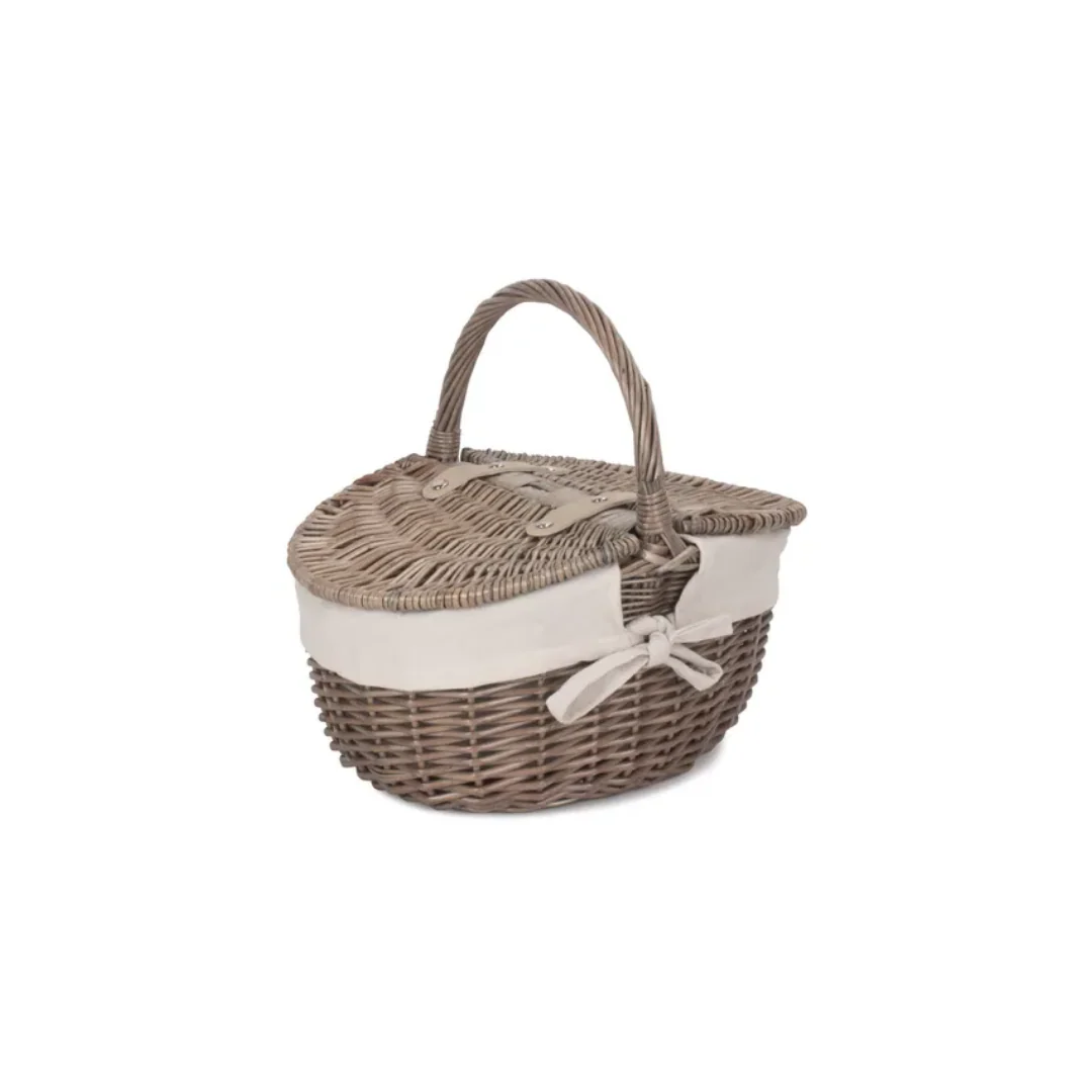 Small Antique Wash Finish Oval Picnic Basket With White Lining