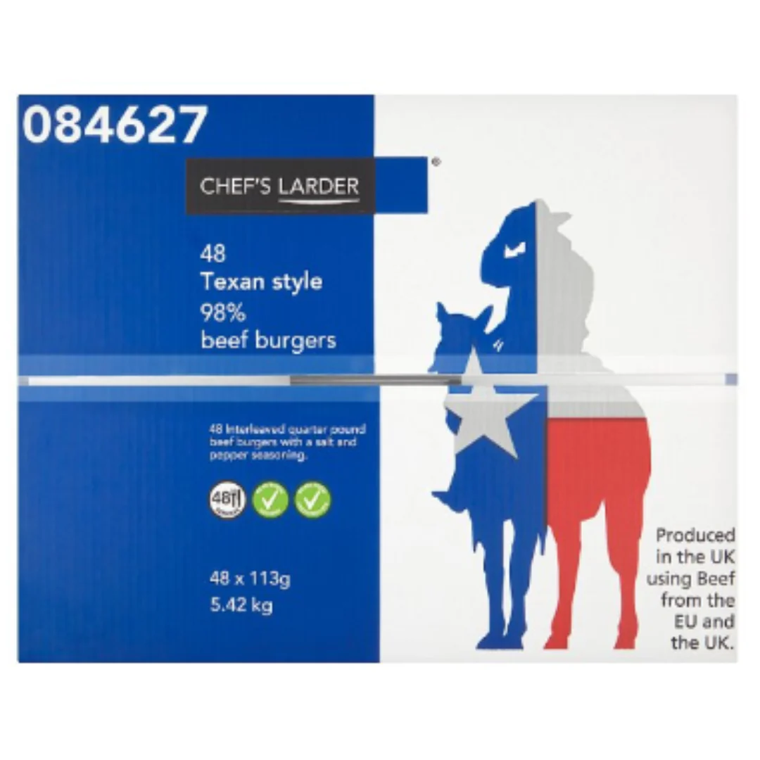 Chef's Larder 48 Texan Style 98% Beef Burgers 5.42kg x 1 Pack