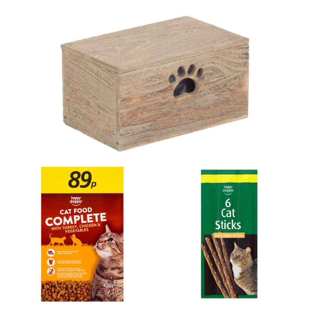 Happy Shopper's Complete Cat Food Selections Box | 3 Ingredients | Wooden Cat Food Tray | 2x Happy Shopper 6 Cat Sticks 30g | Happy Shopper Complete Cat Food with Turkey, Chicken & Vegetables 425g x 40