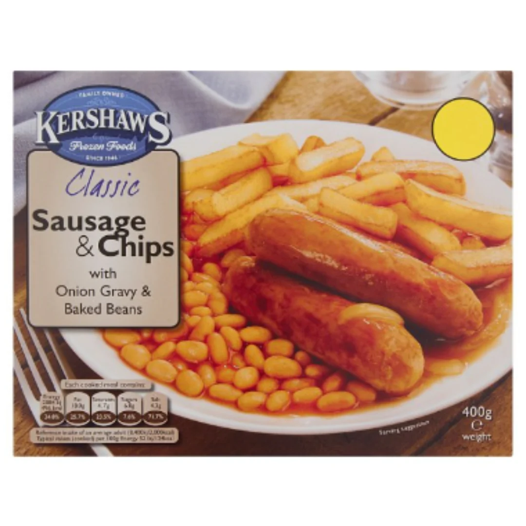 Kershaws Classic Sausage & Chips with Onion Gravy & Baked Beans 400g x 1 Pack