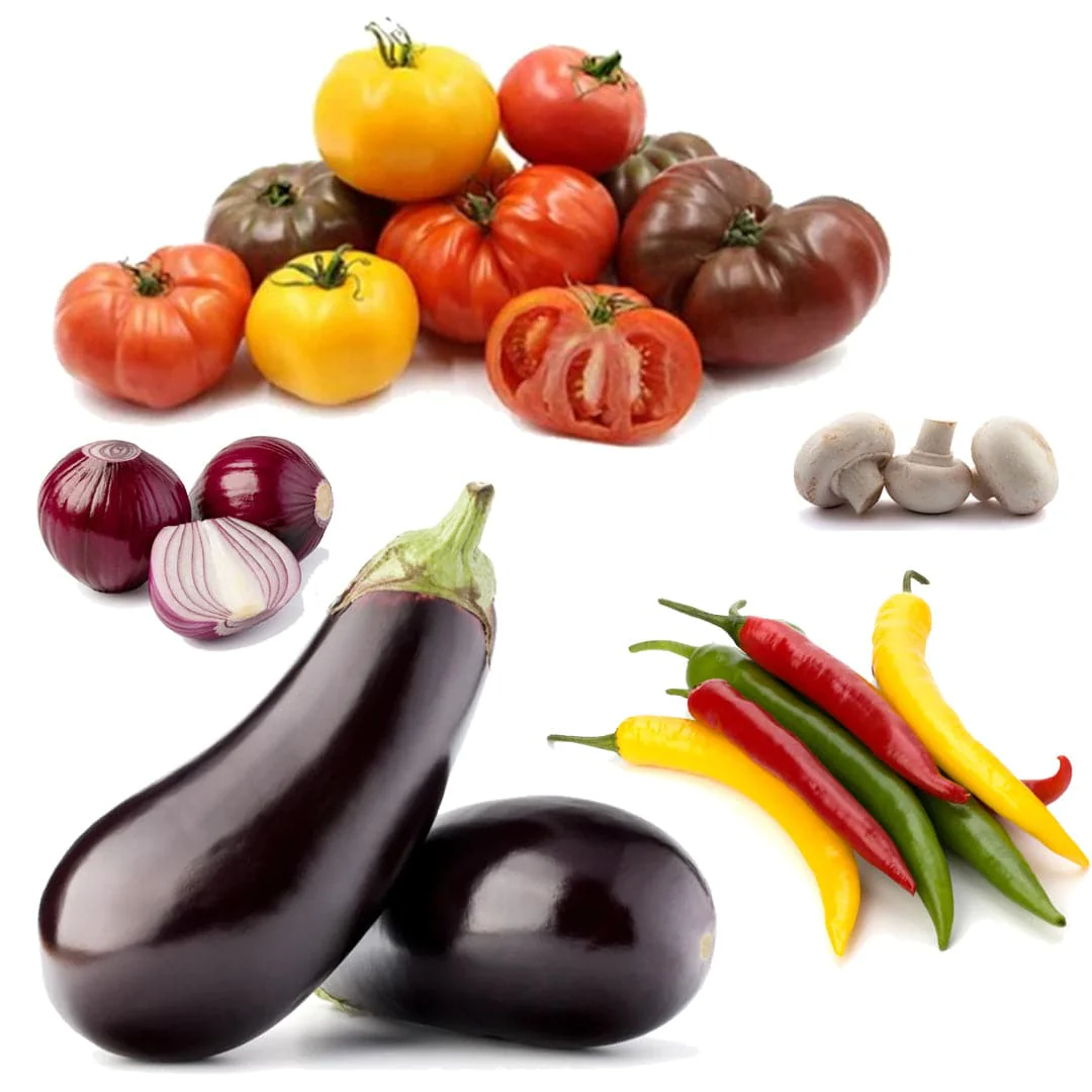 Low-Glycemic Index Veggie Box | 5 Ingredients | Tomatos | Chili Pepper | Red Onion | Mushroom | Aubergines