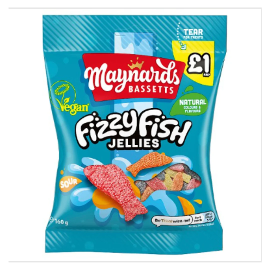 Maynards Bassetts Soft Jellies Fizzy Fish Sweets Bag 160g x Case of 12