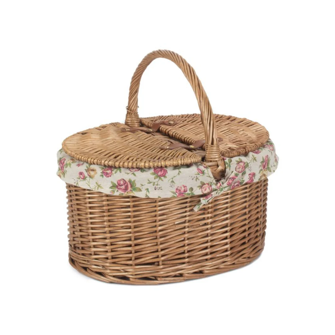 Light Steamed Oval Lidded Hamper With Garden Rose Lining