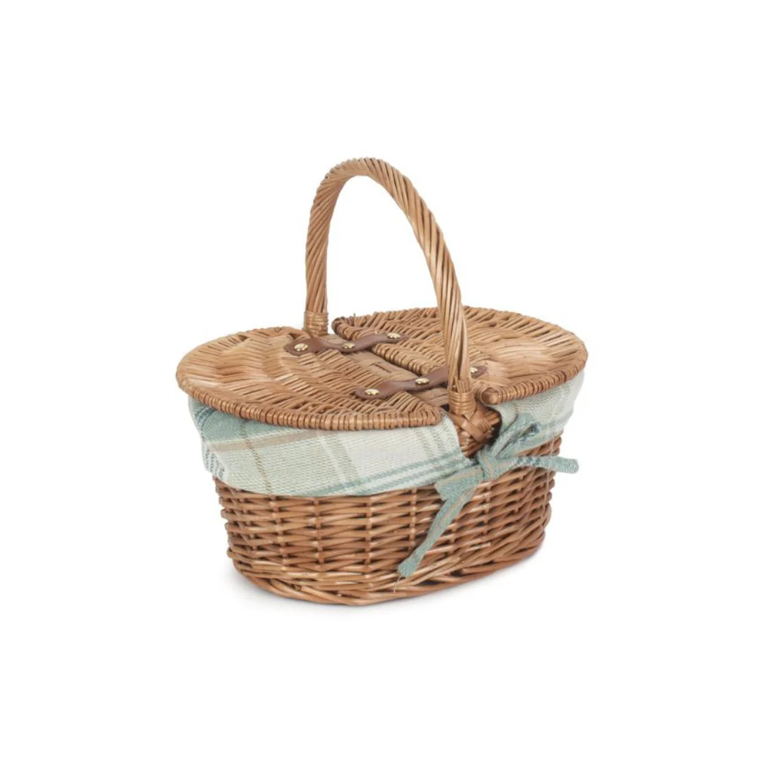 Childs Light Steamed Finish Oval Picnic Basket With Cream Tartan Lining