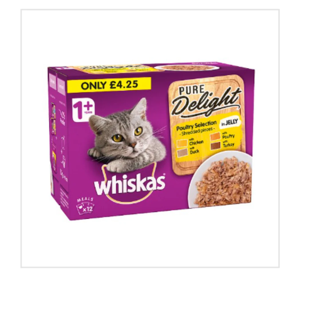 Whiskas Pure Delight Cat Food Pouches Poultry in Jelly 85g x 48 Pouches
