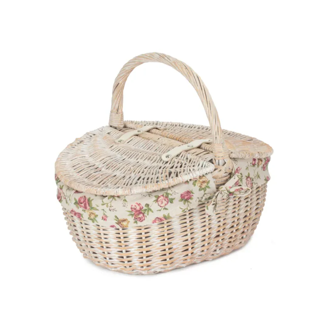 White Wash Finish Oval Picnic With Garden Rose Lining